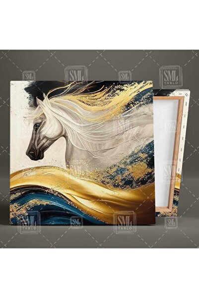 SML TABLO Blue and White Horse Gold Waves Noble Animal Binary Square Combination Set of 2 Canvas Painting