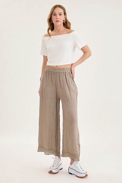 Vitrin Elastic Waist, Mesh Detailed Linen Trousers