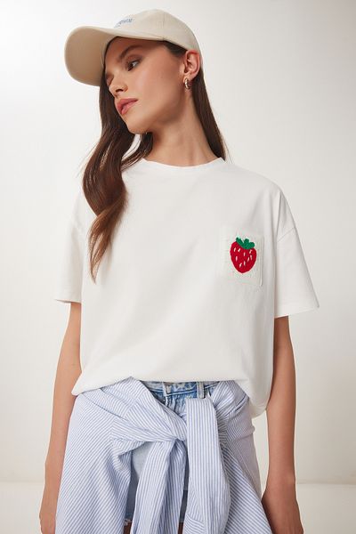 Lovelyİstanbul Strawberry Embroidery Detailed Cotton T-Shirt Bone Lub0108