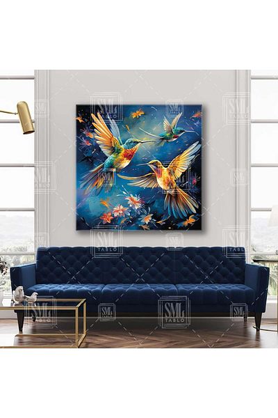 SML TABLO Pereche de colibri zburătoare împotriva flori pătrate Pictură pe pânză