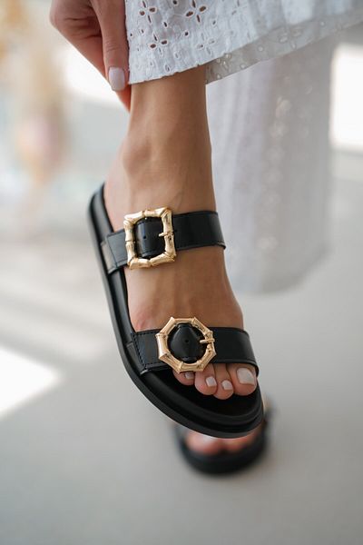 selinshoes Any Double Gold Buckle Women's Slippers - Black