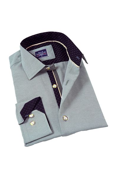 Exve Exclusive Water Green Oxford Slim Fit Men's Shirt with Navy Blue Detail on Collar and Cuff
