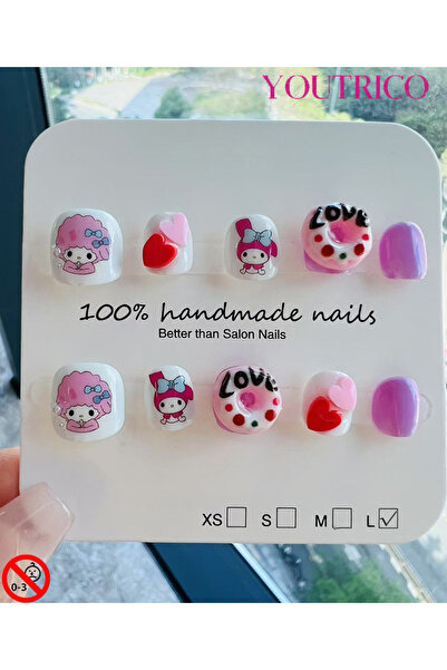 Youtrico أظافر لاصقة للأطفال مصنوعة يدويًا بنسبة 100%، لون أخضر كرتوني، آمنة ...