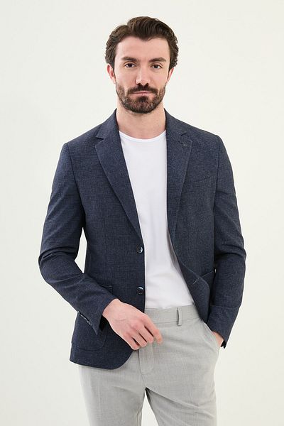 Mcr Patterned Navy Blue Slim Fit Bag Pocket Mono Collar Men's Jacket