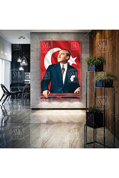 SML TABLO Mustafa Kemal Atatürk Arkasında Bayrak Makam Odası Dekor Dikey Kanv...