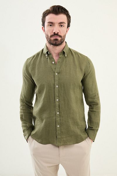 Mcr Plain Slim Fit 100% Linen Men's Shirt Khaki - 27068.25Y