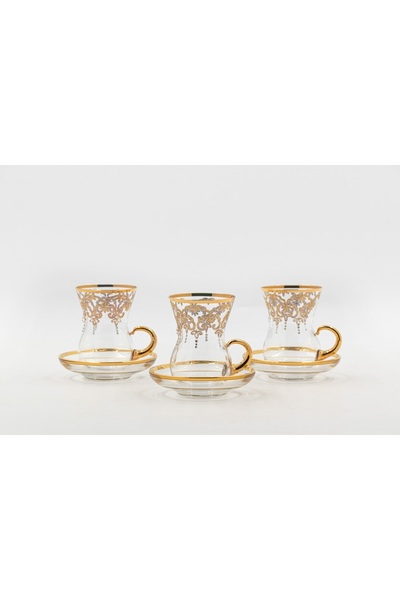 Dania Turkish crystal tea cup set beautifully laser engraved in gold and silver 6 cups + 6 saucers
