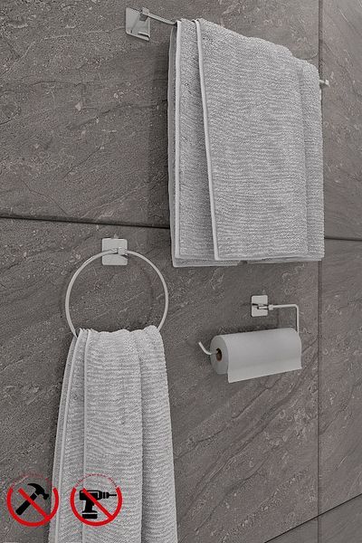 Alper Banyo Σετ μπάνιου Scilla Square Chrome 3 τεμαχίων με αυτοκόλλητο |   Δαχτυλίδι για πετσέτες, Σόλο θήκη για χαρτί, Μακρύς θήκη για πετσέτες