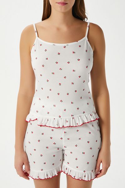 Ritnice Women's Paula Cherry Pattern Ruffle Shorts Pajama Set