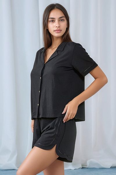 Soweto Cămașă pentru damă, cu guler, pantaloni scurți, pijamale, 100% bumbac
