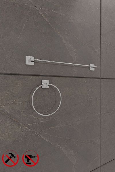 Alper Banyo Σετ μπάνιου Scilla Square Chrome 2 τεμαχίων με αυτοκόλλητο |   Δαχτυλίδι για πετσέτες και τετράγωνη μακριά θήκη για πετσέτες