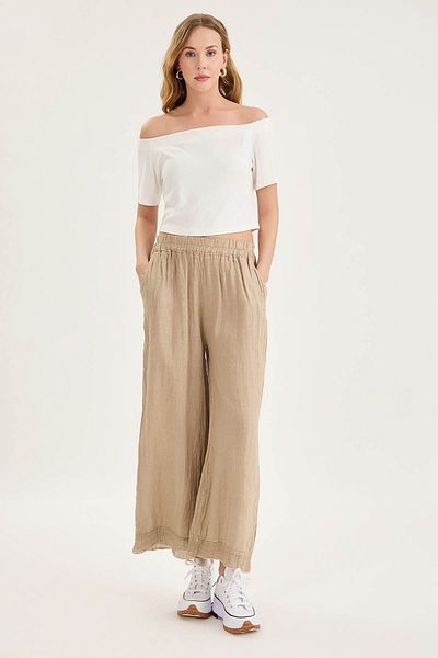 Vitrin Elastic Waist, Mesh Detailed Linen Trousers