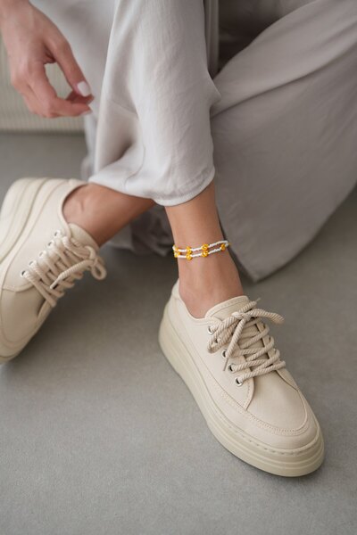 selinshoes Peint Yüksek Tabanlı Bağcıklı Sneaker- BEJ