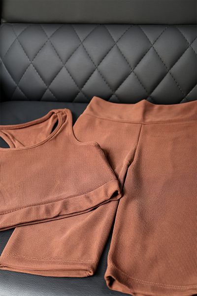 Zec Style High Waist, Ribbed, Bermuda Leggings Gathering Sports Leggings Crop Set Light Brown