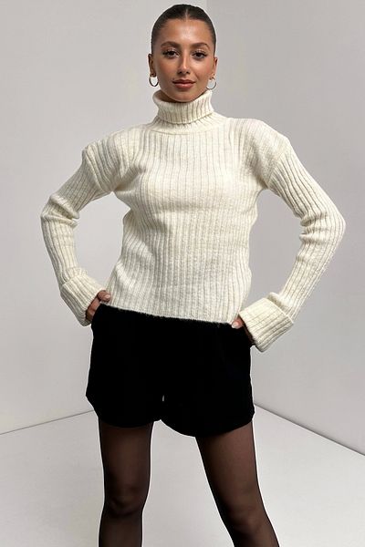gocuk Women's White Stripe Patterned Turtleneck Sweater