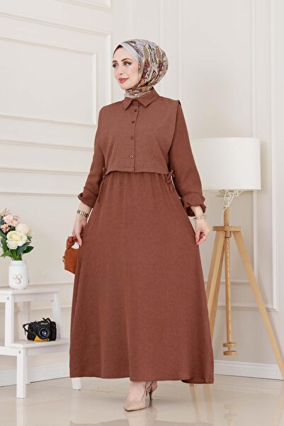 Sevitli Σετ φόρεμα με πλαϊνές δεσμές-Καφέ