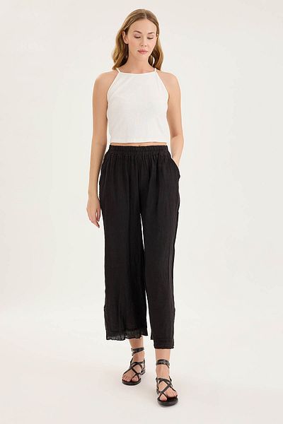 Vitrin Elastic Waist, Mesh Detailed Linen Trousers