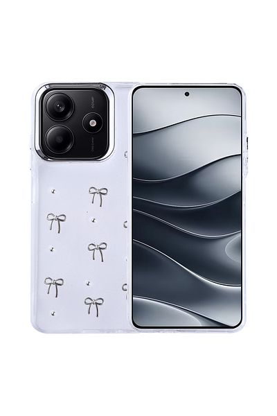 Fibaks حافظة هاتف Xiaomi Redmi Note 14 4G بنمط فيونكة شفافة فضية لامعة مع غطاء لامع للكاميرا