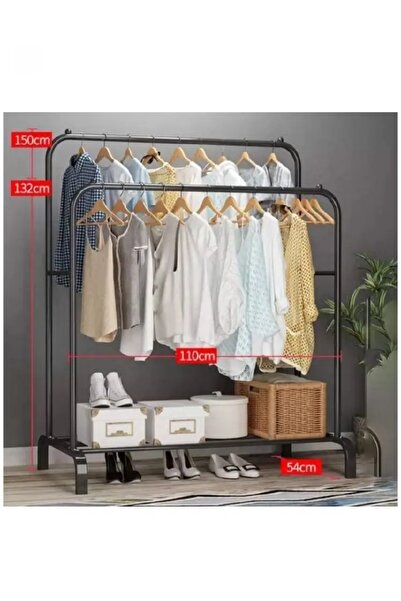 COOYA Clothes Drying Rack, Double Rod Indoor Bedroom Drying Rack with Shelves Black