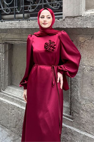 Ovn. Satin Flower Detailed Dress - Burgundy