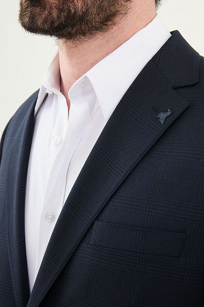 Mcr Plaid Navy Blue Slim Fit Mono Collar Men's Jacket