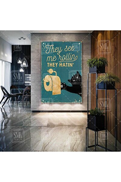 SML TABLO Tuvalet Kağıdıyla Oynayan Sevimli Siyah Kedi Banyo They See Me Roll...