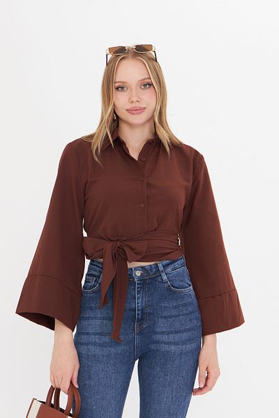THIFF GYMWEAR Women's Brown Wide Cuff Sleeve Detailed Tie Front Poplin Shirt