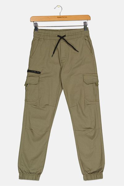 HAWK Kids Boy Plain Drawstring Cargo Pants, Olive