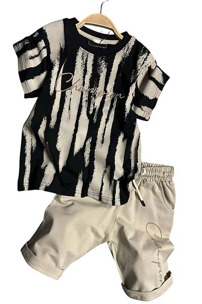 Riccotarz Boy's Champion Lettering and Paint Detailed Beige Shorts Suit with Pockets