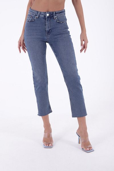 RICHMOST High Waisted Mom Fit Women's Jeans with Stone Detail on Pockets and Legs Jean Medium Blue Tinted Denim