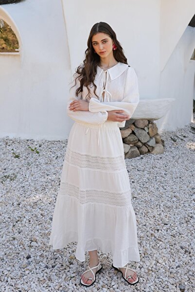 Olcay Lace Detailed Elastic Waist Skirt White 7061