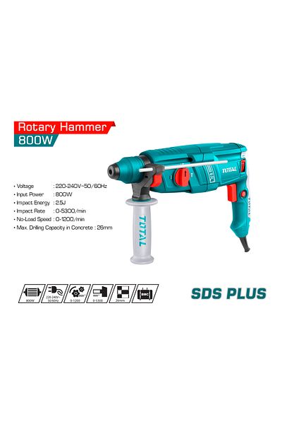 TOTAL 800W Rotary Hammer with 5 Accessories, SDS Plus, High Impact & Drilling Capacity - TH308268
