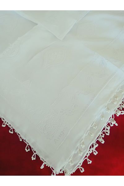 hoaryage Handmade Crochet Patterned Jacquard Scarf Beaded Scarf on Fabric