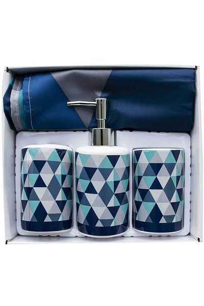 Homelux Set baie Monaco 4 buc – Albastru, Ceramică și Poliester, Design Geometric