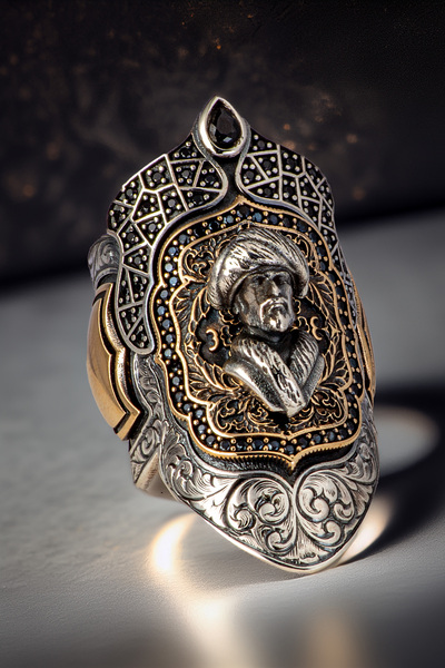 OSMANLI GÜMÜŞ Erkek Mevlana Kabartmalı Siyah Zirkon Taşlı Erkek Gümüş Yüzük Z...