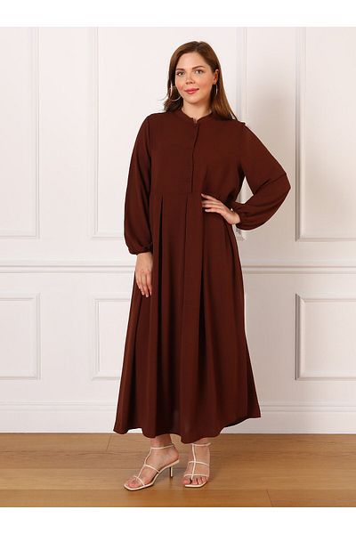 ALİA Chief Collar Button Detailed Large Size Aerobin Dress - Bitter Brown - Alia