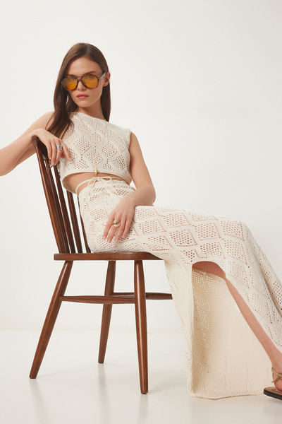 Lovelyİstanbul Openwork Summer Knitwear Crop Skirt Set Cream Lns0048