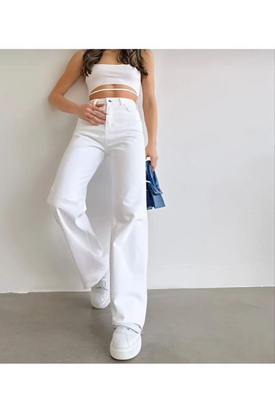 CİHAN PAPEL Women's White Palazzo Jeans 100% Cotton Jeans