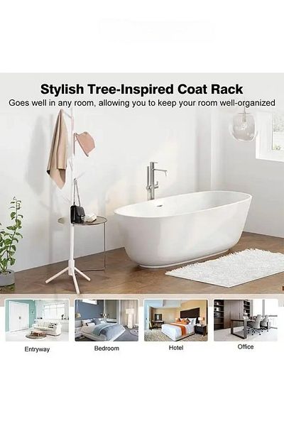 COOYA Coat Rack with 8 Hooks, Solid Sturdy Wooden Coat and Hat Rack, White