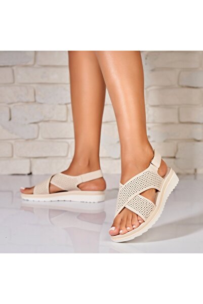 Joana Γυναικεία μπεζ φλατ σανδάλια από οικολογικό δέρμα Neisha