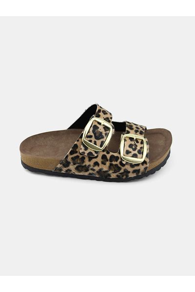 MAGGIO Women's Leopard Patterned Double Buckle Slippers Comfortable