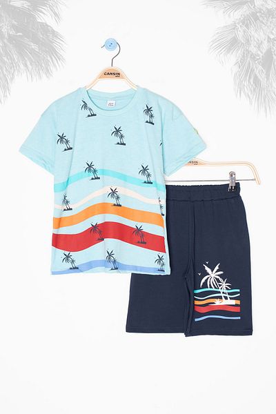 Cansın Mini Turquoise Palm Patterned Bicycle Collar Boy's Shorts Suit 20625