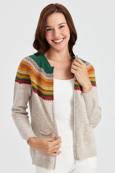 Desen Triko Cardigan din lână Jacquard Robe cu gât turnu V.Bej