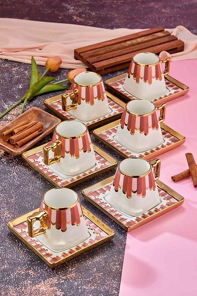 Cooker Set of 6 220 ml Porcelain Teacups with Stylish Design - Gold Gilded - Gift Option