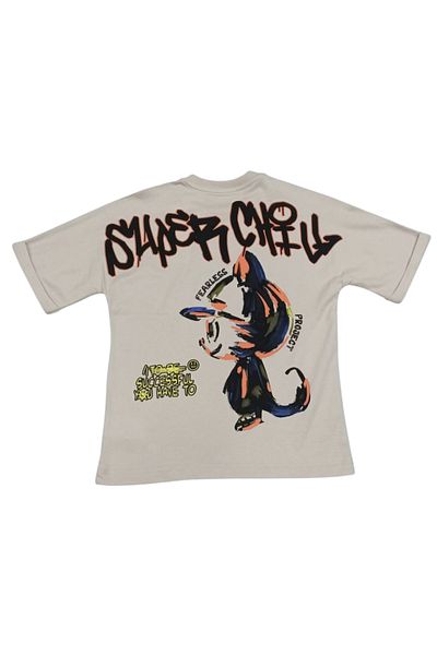 İrem Çocuk Giyim Boy's Beige T-Shirt with Text on the Front and Cat Pattern on the Back
