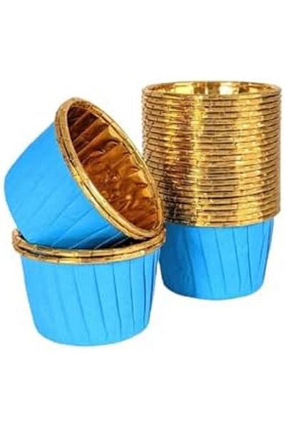 Mu Art Ahşap Mrt Gift Basket 25-Piece Blue Gold Muffin Cake Mold, Cake Capsule Cupcake Mold, Airfryer Compatible