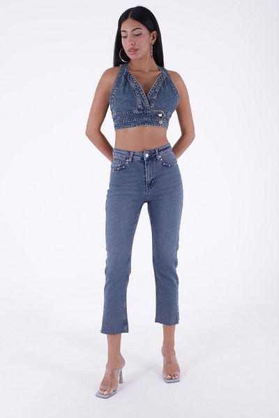 RICHMOST High Waisted Mom Fit Women's Jeans with Stone Detail on Pockets and Legs Jean Medium Blue Tinted Denim