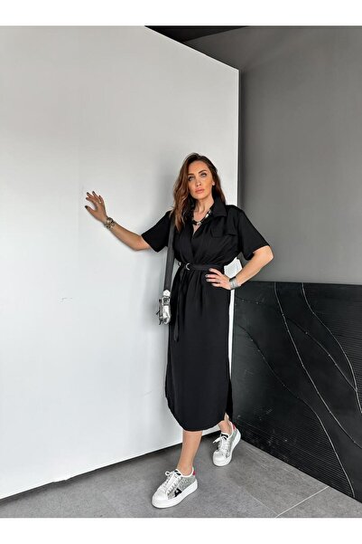 Zerrincan Giyim Siyah Kapak Cepli Kuşaklı Basic Elbise