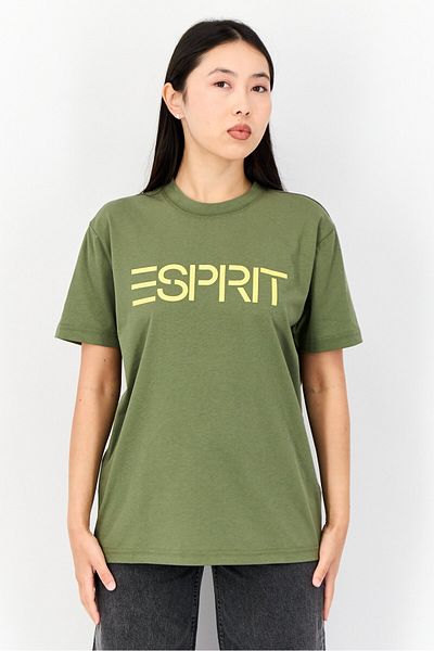Esprit Women Crew Neck Short Sleeve Brand Logo T-shirt, Olive