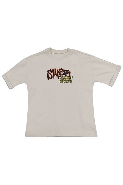 İrem Çocuk Giyim Boy's Beige T-Shirt with Text on the Front and Cat Pattern on the Back